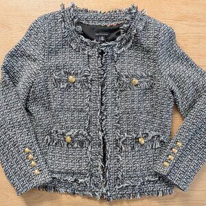 Saks Fifth Ave B/W Tweed Bouclé French Girl Blazer Collarless Lady Jacket Size M